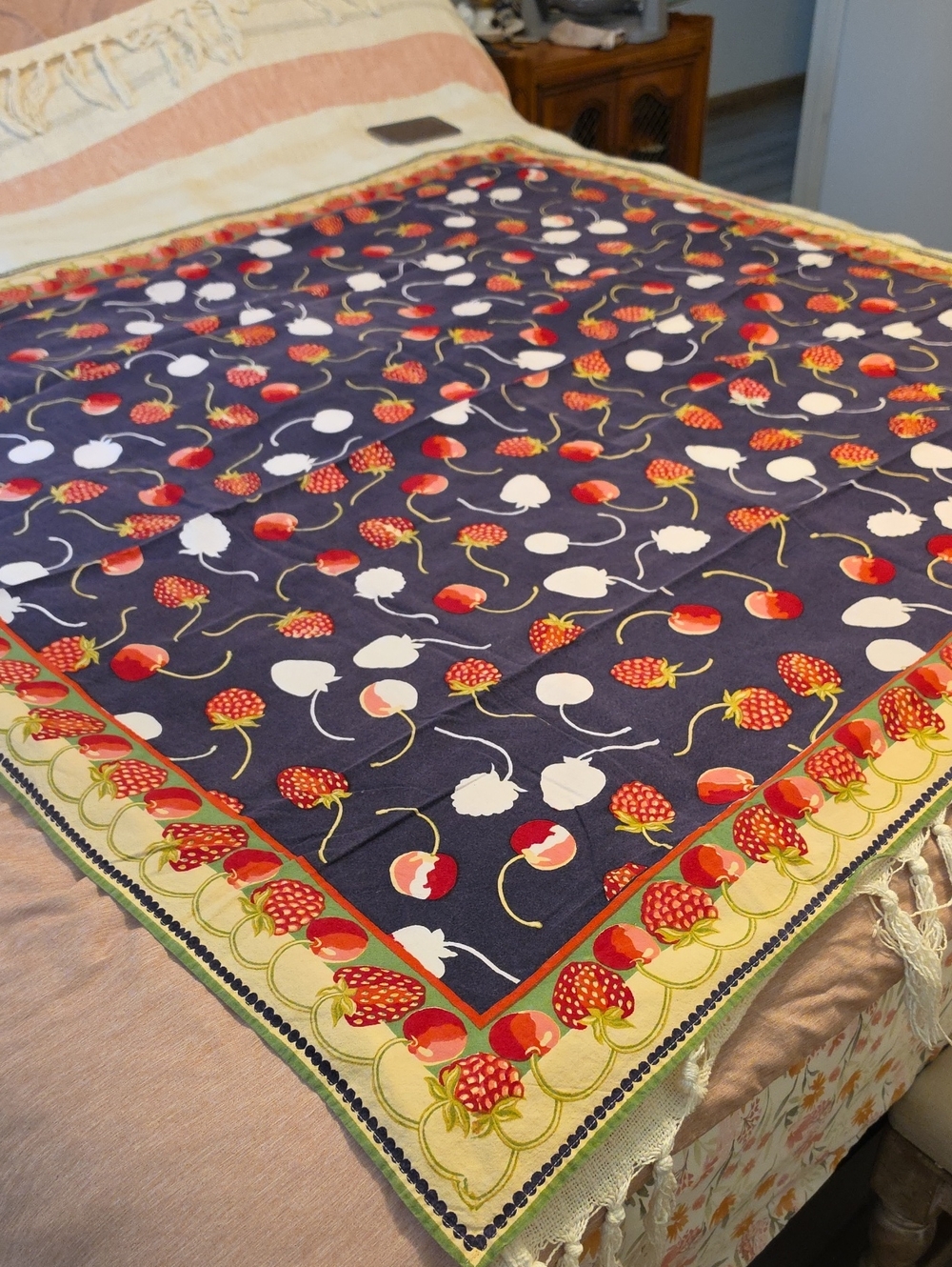 Vintage Navy Strawberry & Cherry Print Decorative Tablecloth